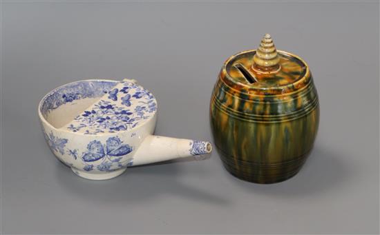 A 19th slipware money box and a blue and white pap boat